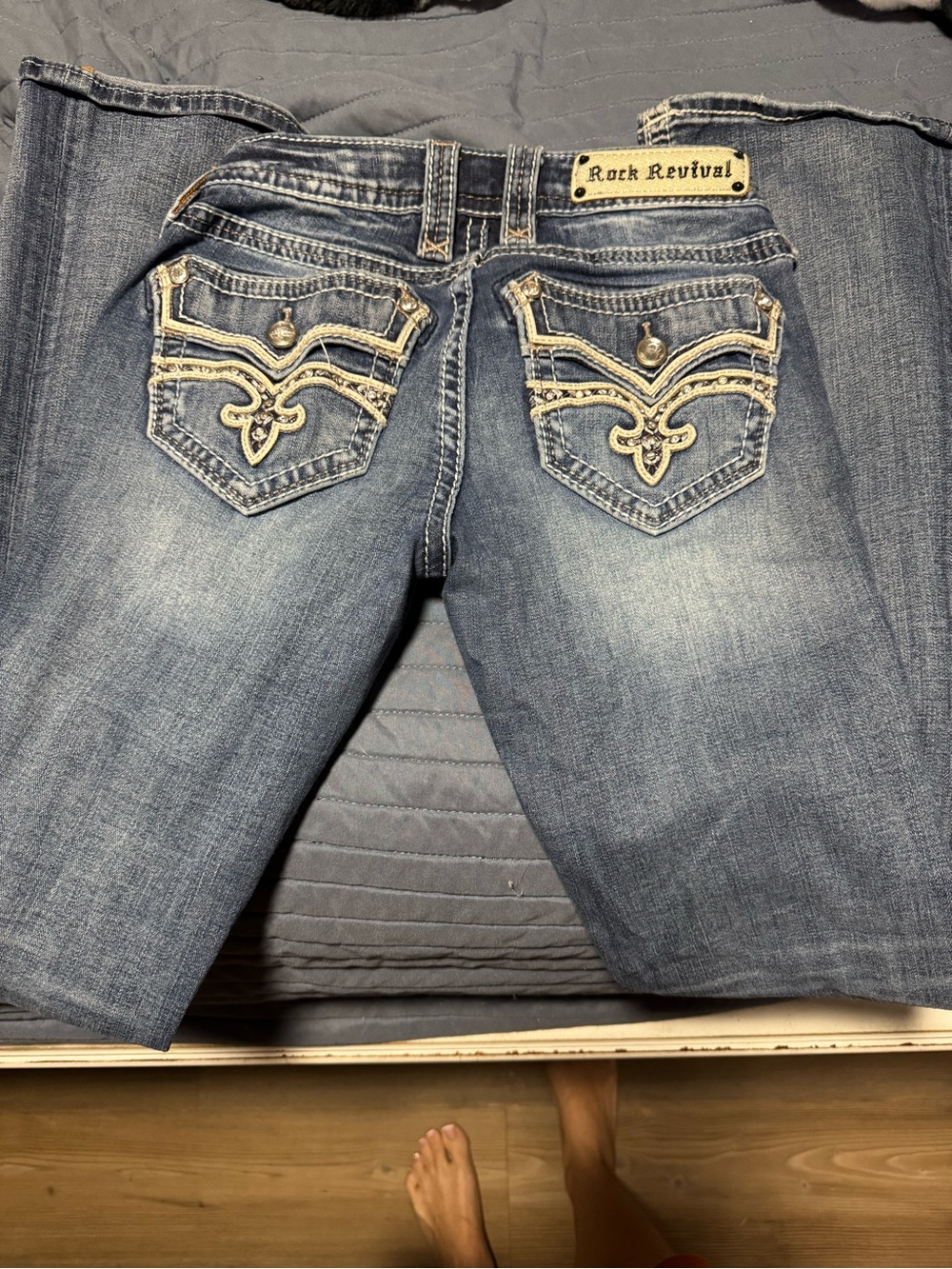 Rock Revival Women's Medium Blue Boot Cut Jeans with Embroidered Pockets